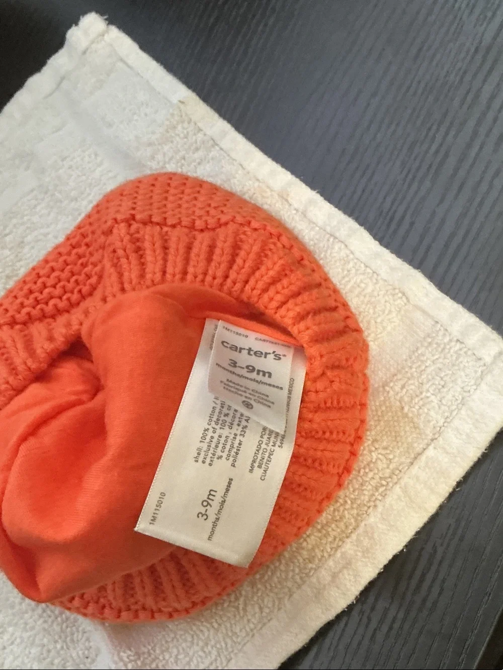 Carter's Orange Pumpkin Knit Hat with Lime Green Leaves One size 3 to 9 months